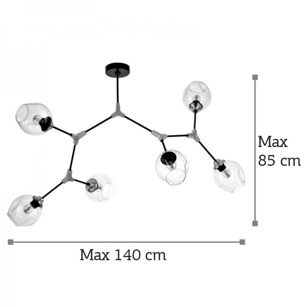 Κρεμαστό φωτιστικό από μαύρο μέταλλο και διάφανο γυαλί 6XE27 D:140cm (6129-6-ΝΜ)
