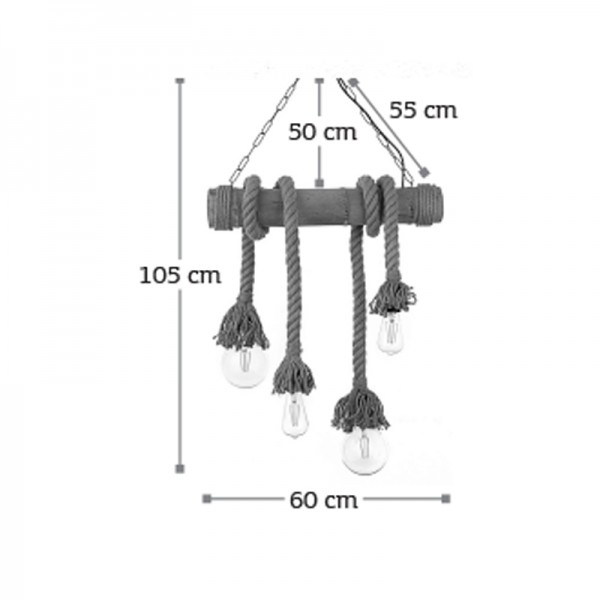 Κρεμαστό φωτιστικό από καφέ σχοινί και μπαμπού 4XE27 D:60cm (5307-4)