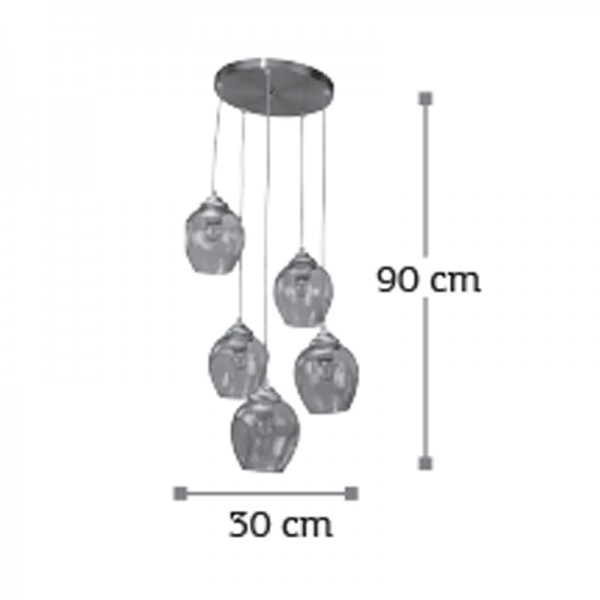 Κρεμαστό φωτιστικό από νίκελ ματ μέταλλο και διάφανο γυαλί 5XE27 D:30cm (4474-5-NM)