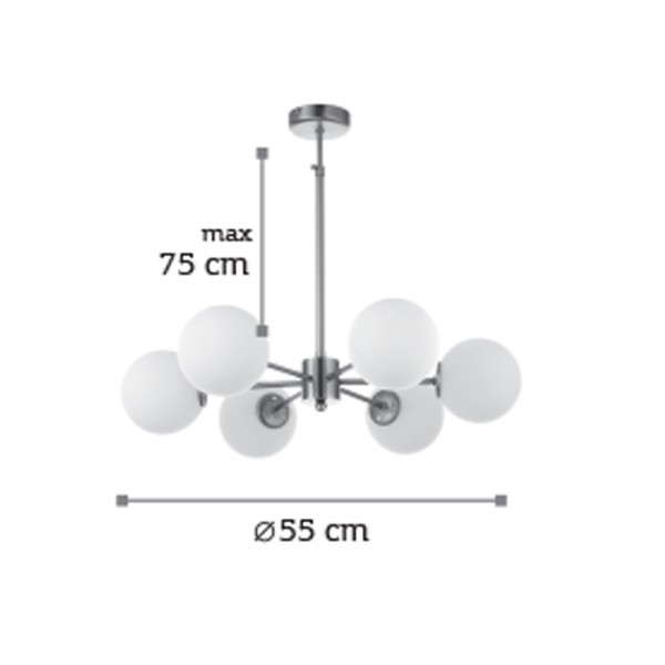 Κρεμαστό φωτιστικό από χρώμιο μέταλλο και λευκή οπαλίνα 6XG9 D:55cm (5321-6)
