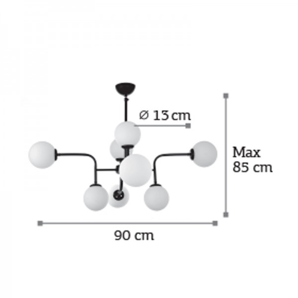 Κρεμαστό φωτιστικό από μαύρο μέταλλο και λευκή οπαλίνα 8XG9 D:90cm (6166-8-BL)