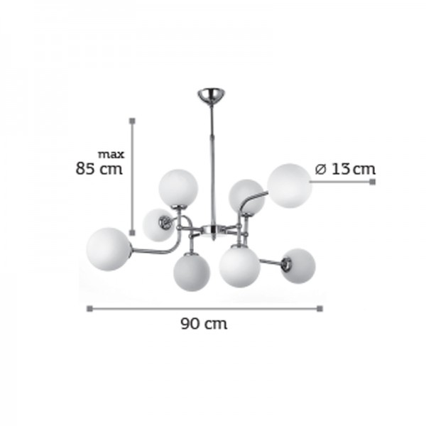 Κρεμαστό φωτιστικό από χρώμιο μέταλλο και λευκή οπαλίνα 8XG9 D:90cm (6169-8-CH)