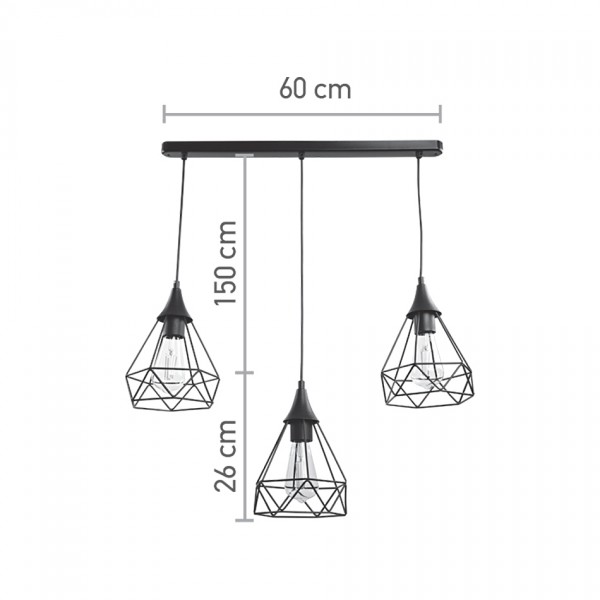 Κρεμαστό φωτιστικό από μαύρο μέταλλο 3XE27 D:60cm (4024-3-BL-RAIL)