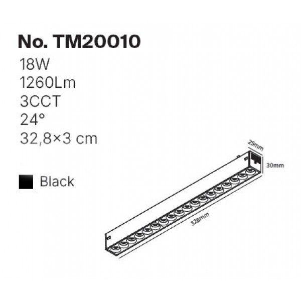 Γραμμικό Φωτιστικό LED 18W με Anti-glare Dots 3CCT 24° για μαγνητική Ράγα 220V  σε μαύρη απόχρωση D: 32,8x3cm (TM20010)