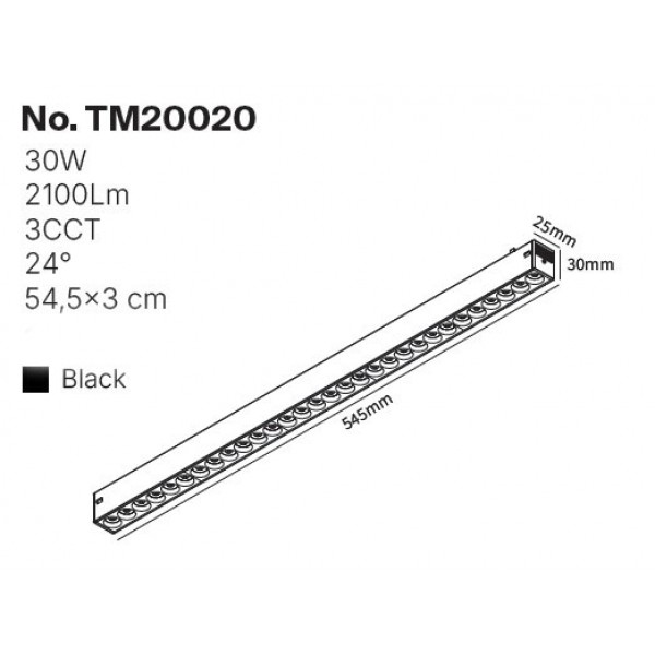 Γραμμικό Φωτιστικό LED 30W με Anti-glare Dots 3CCT 24° για μαγνητική Ράγα 220V  σε μαύρη απόχρωση D: 54,5x3cm (TM20020)
