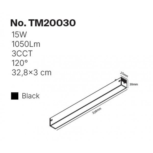 Γραμμικό Φωτιστικό LED 15W 3CCT 120° για μαγνητική Ράγα 220V  σε μαύρη απόχρωση D: 32,8x3cm (TM20030)