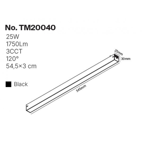 Γραμμικό Φωτιστικό LED 25W 3CCT 120° για μαγνητική Ράγα 220V  σε μαύρη απόχρωση D: 54,5x3cm (TM20040)