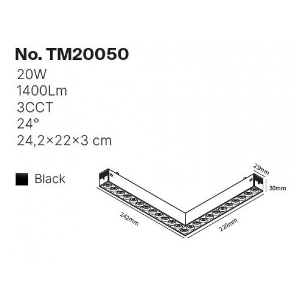 Γωνιακό γραμμικό φωτιστικό LED 20W,με Anti-glare Dots 3CCT, 120° για μαγνητική ράγα 220V, σε μαύρη απόχρωση D:24,2x22x3cm (TM20050)