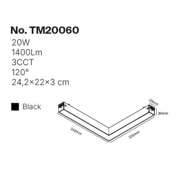 Γωνιακό γραμμικό φωτιστικό LED 20W, 3CCT, 120° για μαγνητική ράγα 220V, σε μαύρη απόχρωση D:24,2x22x3cm (TM20060)