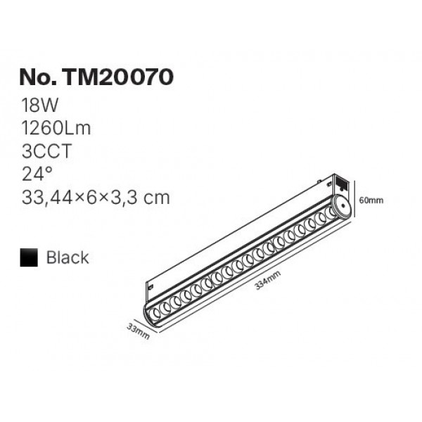 Γραμμικό Φωτιστικό LED 18W με Anti-glare Dots 3CCT 24° για μαγνητική Ράγα 220V  σε μαύρη απόχρωση D: 33,4x6x3,3cm (TM20070)