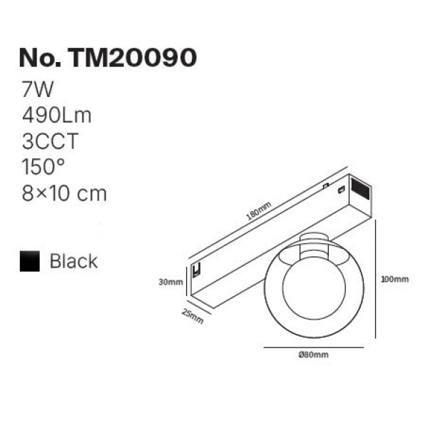 Φωτιστικό LED 7W 3CCT για μαγνητική ράγα 220V σε μαύρη απόχρωση D:8X10cm (TM20090) Φωτιστικό LED 7W 3CCT για μαγνητική ράγα 220V σε μαύρη απόχρωση D:8X10cm (TM20090)
