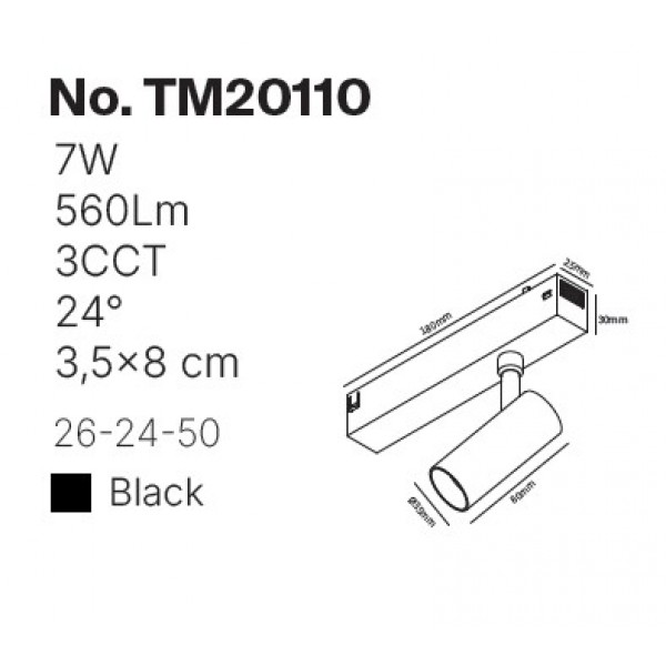 Φωτιστικό spot LED 7W, 3CCT, 24° για μαγνητική ράγα 220V, σε μαύρη απόχρωση D:3,5x8cm (TM20110)