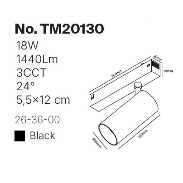 Φωτιστικό spot LED 18W, 3CCT, 24° για μαγνητική ράγα 220V, σε μαύρη απόχρωση D:5,5x12cm (TM20130)